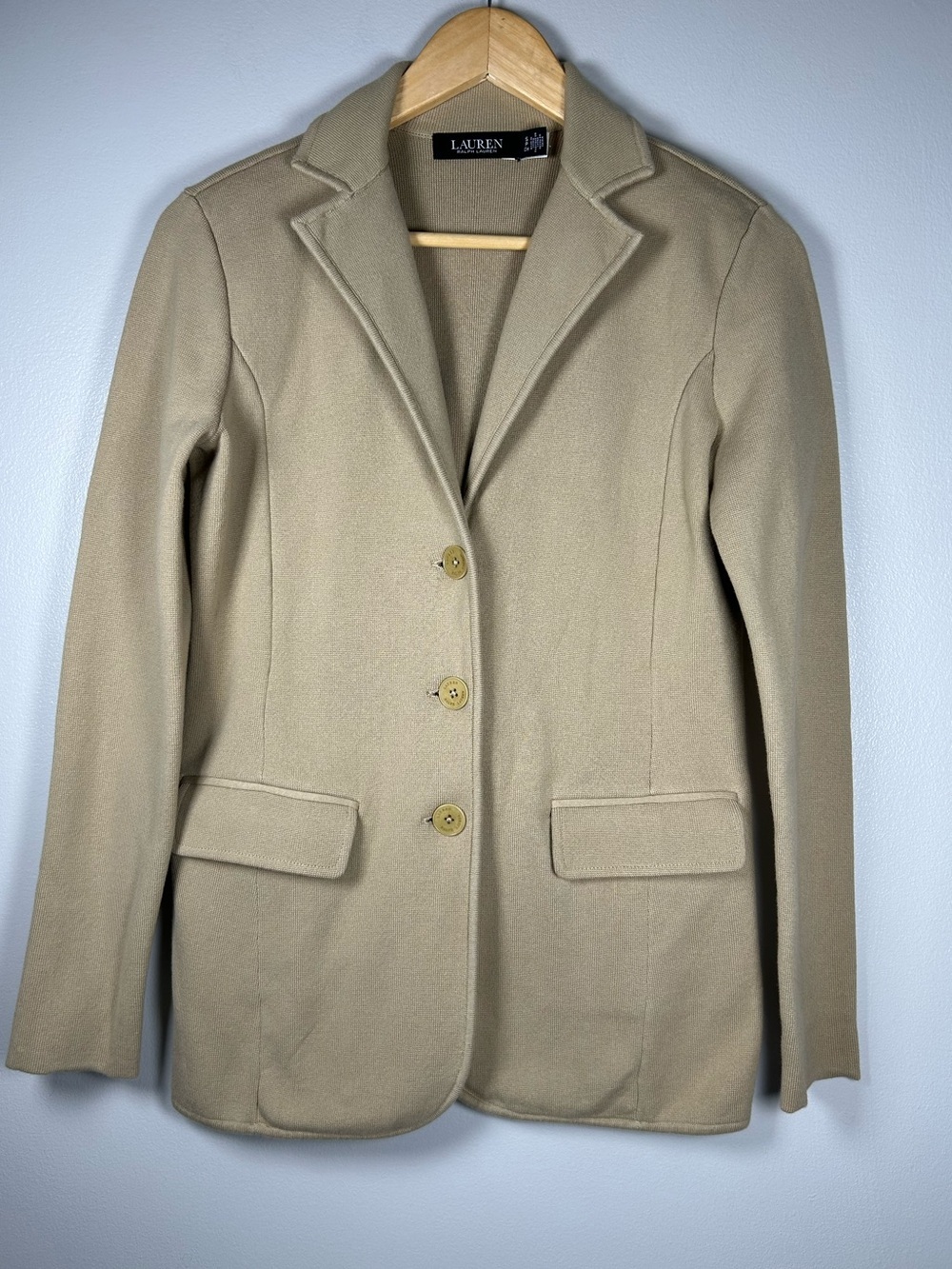 Lauren Ralph Lauren Tan Cotton Blend Sweater Knit Blazer Jacket - Picture 4 of 14